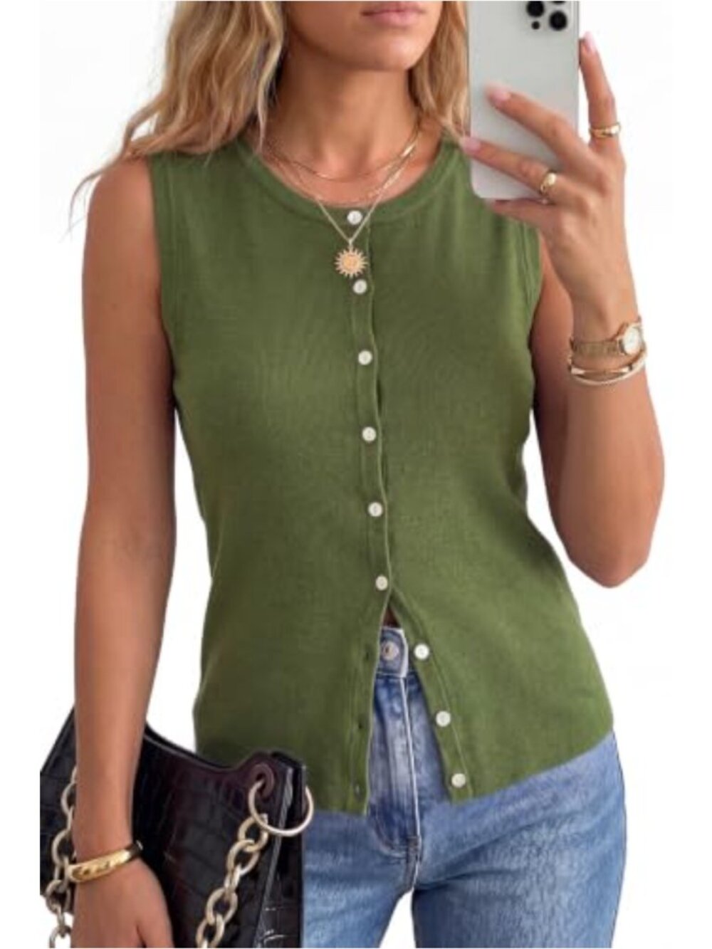 Wool Blend Sleeveless Crew Neck Button Up Knit Tank Top
